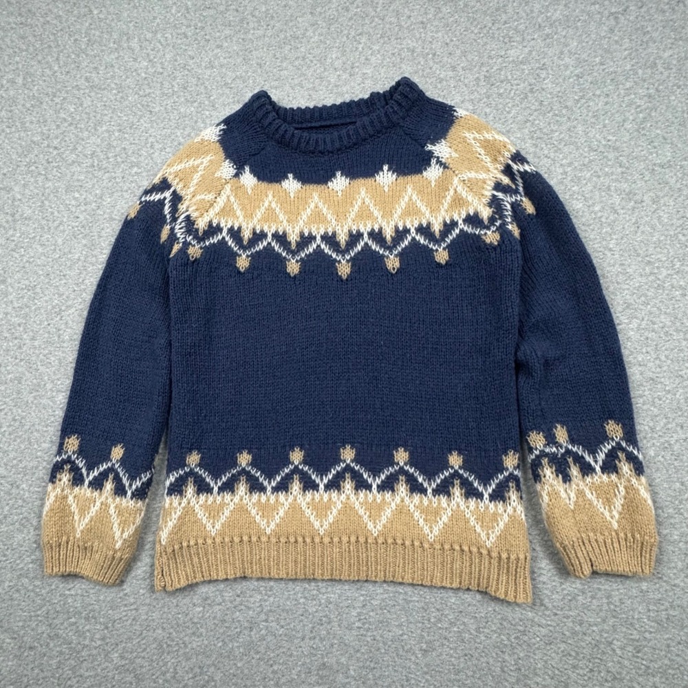 100% Mohair Navy Blue Fair Isle Crew Neck Sweater Size M Chunky Knit Fuzzy